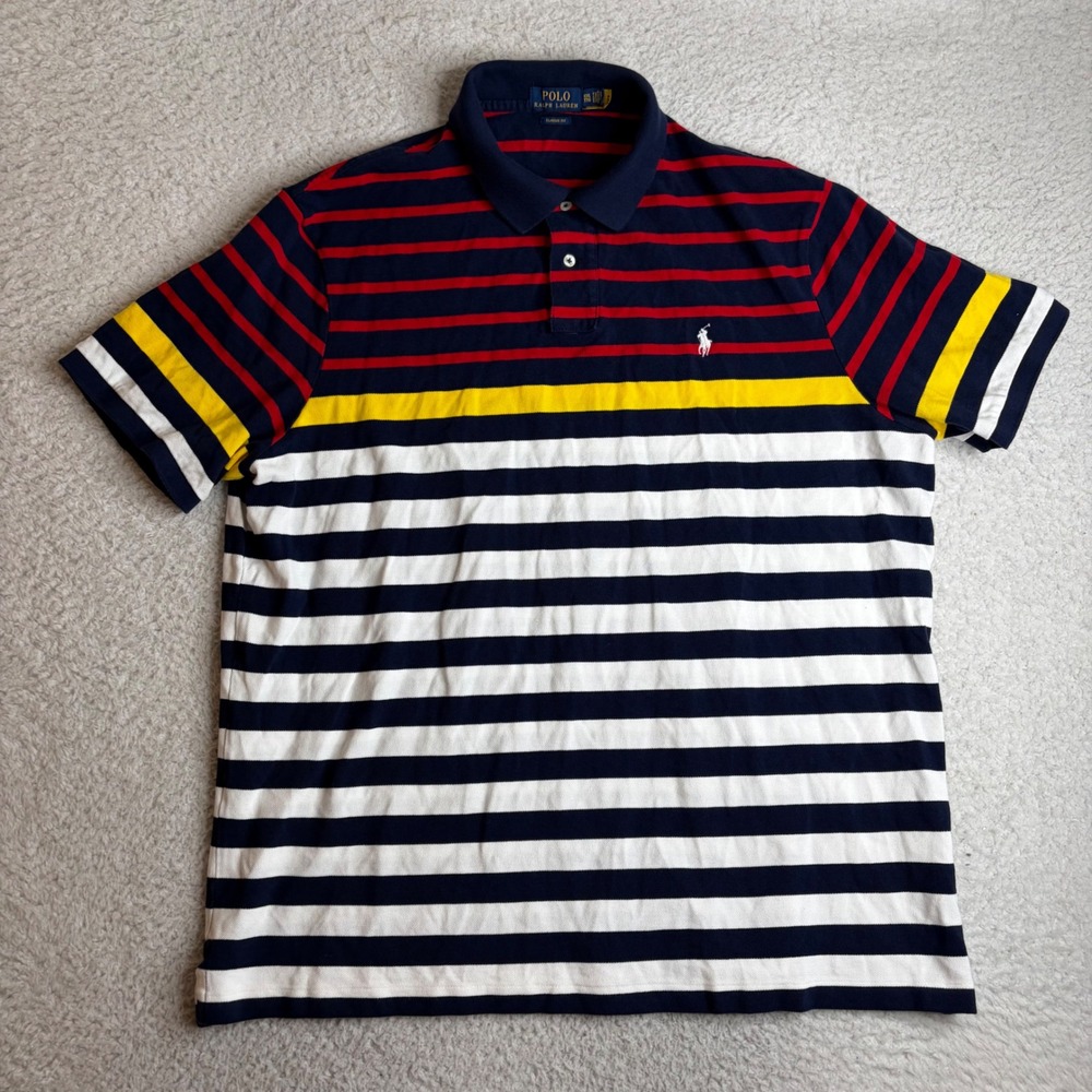 Polo Ralph Lauren Mens XXL Classic Fit Striped Mesh Polo Shirt Navy Red Yellow